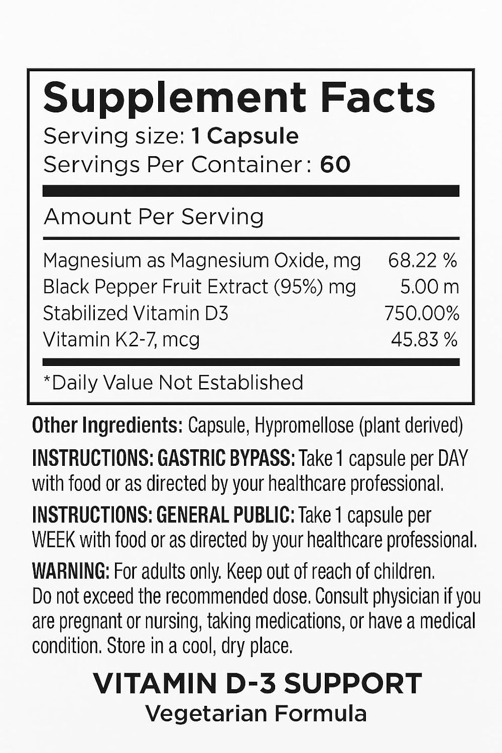 Vita4Life! Vitamin D3 with K2 & Magnesium - High Absorption, Immune & Bone Support - Non-GM, Vegetarian - 60 Capsules - görsel 2