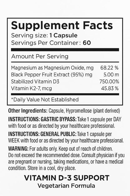 Vita4Life! Vitamin D3 with K2 & Magnesium - High Absorption, Immune & Bone Support - Non-GM, Vegetarian - 60 Capsules
