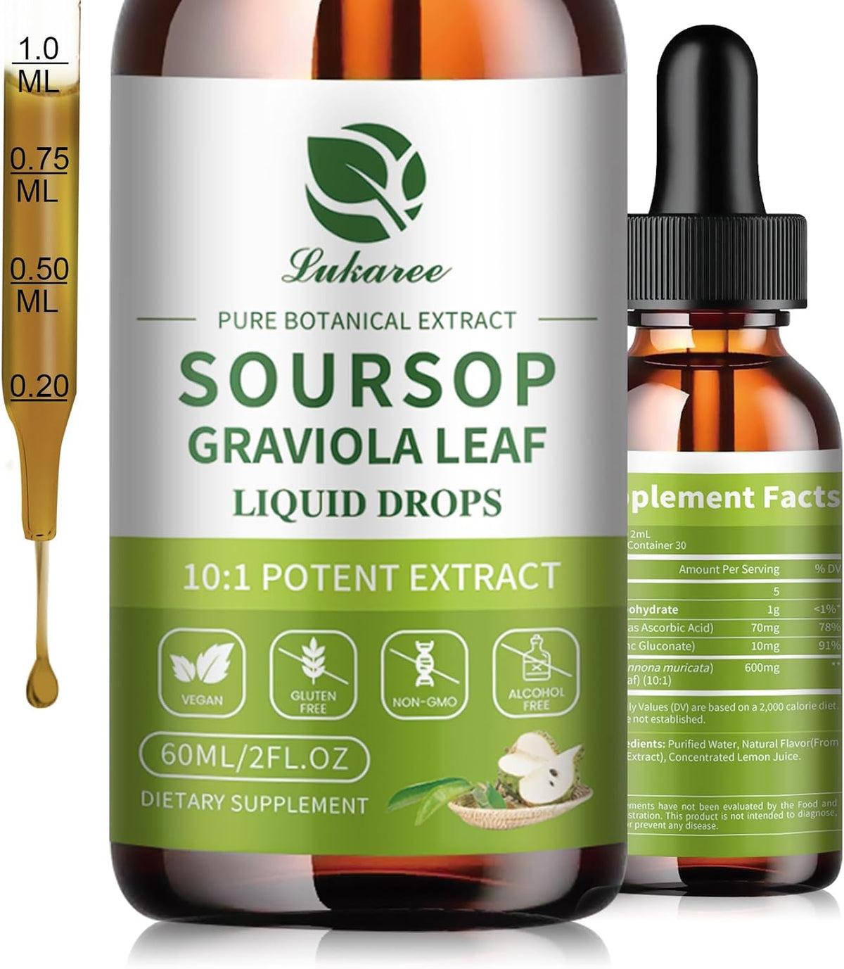 Lukaree Pure Soursop Graviola Leaf Extract for Immunity, Gut Health & Natural Energy Support – Soursop Bitters Liquid with Cold Extract – Vegan | Gluten-free | 60 ml - görsel 1
