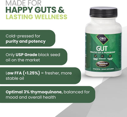 Gut Health Supplements for Healthy Digestion & Gut Repair | Advanced Formula with Bioavailable Black Seed Oil with 3% Thymoquinone | Gut Health Supplements for Women & Men | 60 Soft gel capsules