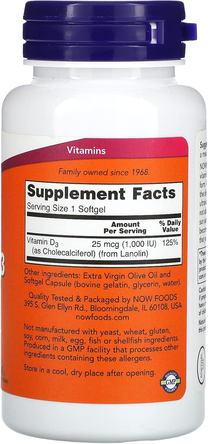 NOW Foods Vitamin D3 1000 IU Softgels - 180 Capsules (2-Pack) - görsel 3