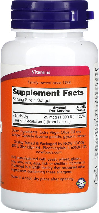NOW Foods Vitamin D3 1000 IU Softgels - 180 Capsules (2-Pack)
