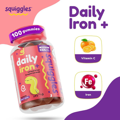Squiggles Children's Daily Iron+ Gummies - Low Sugar, Vegan, Grape Flavour (100 Count)
