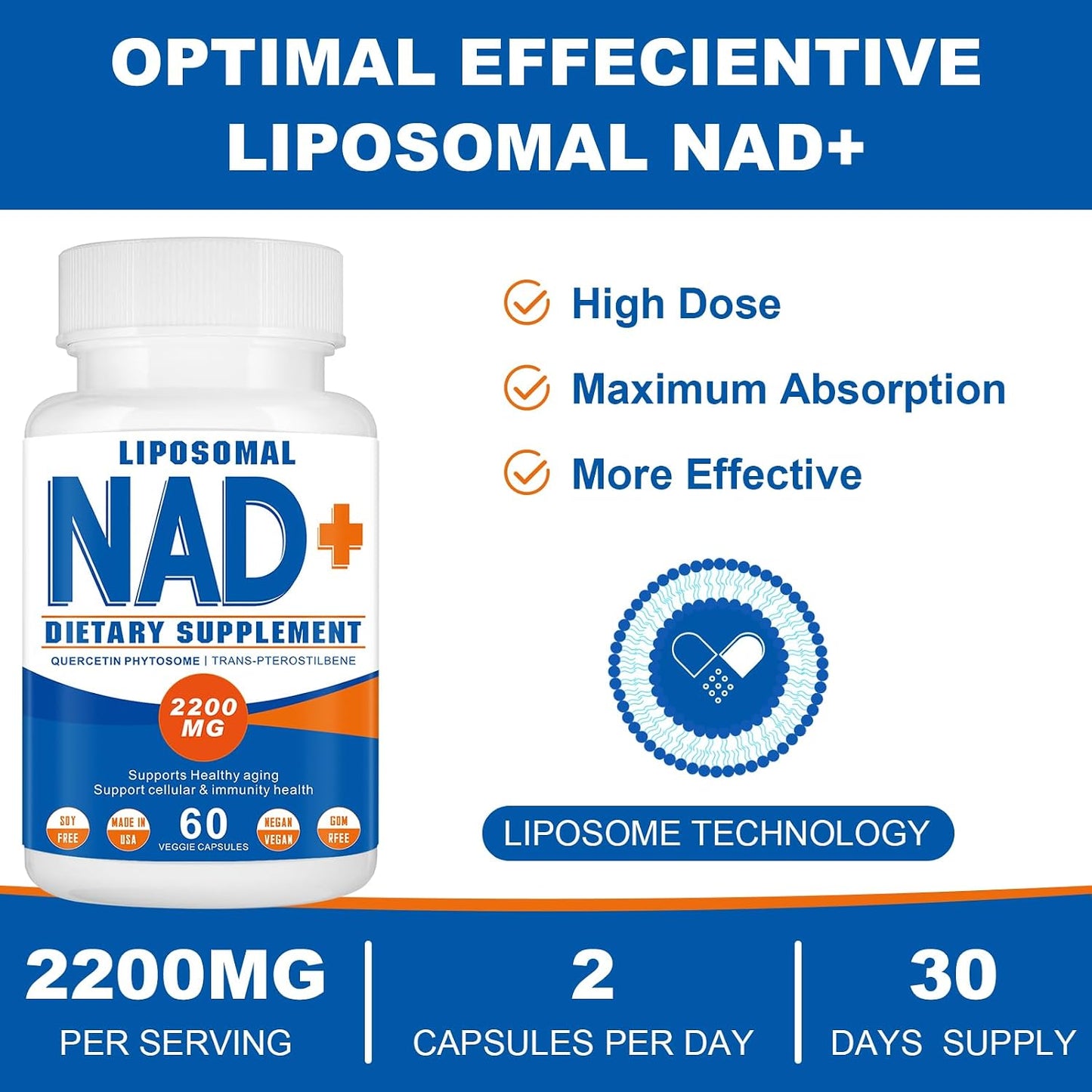 2200mg Liposomal NAD+ Supplement, 60 Capsules | NAD Supplement for Women and Men, Enhances Cell Energy & Ageing Defence - görsel 6