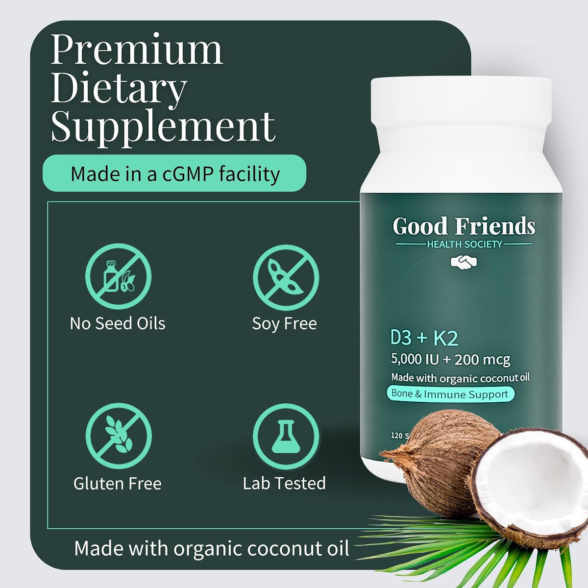 Good Friends Health - Vitamin D3 5000 IU + Vitamin K2 200 mcg - Bone and Immune Support - Organic Coconut Oil - 120 Soft gel capsules - görsel 7
