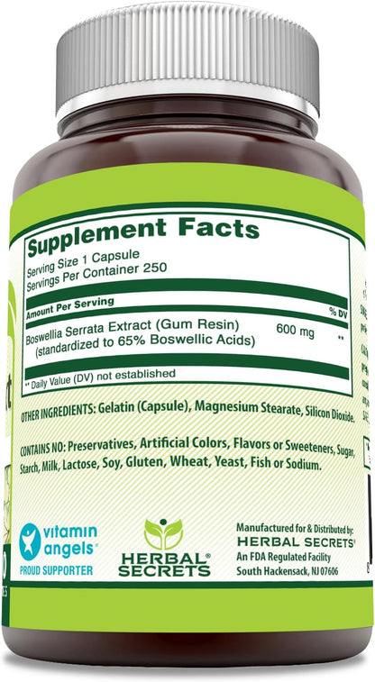 Herbal Secrets Boswellia Serrata Extract (65% Boswellic Acids) 600 mg Capsules, 250 Capsules