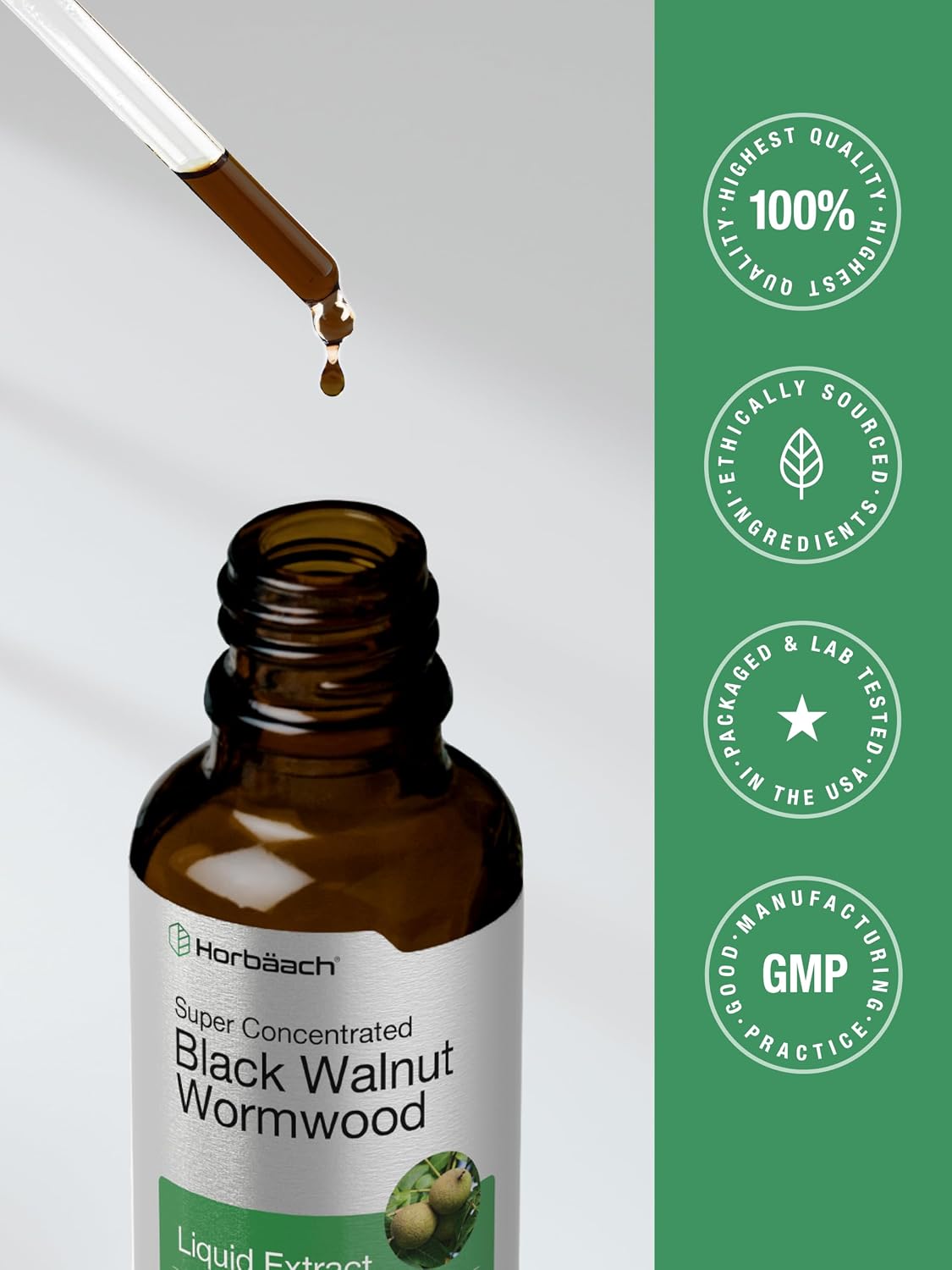 Horbäach Black Walnut Hull & Wormwood Extract Tincture - 59 ml, Alcohol-Free Liquid Supplement - görsel 7