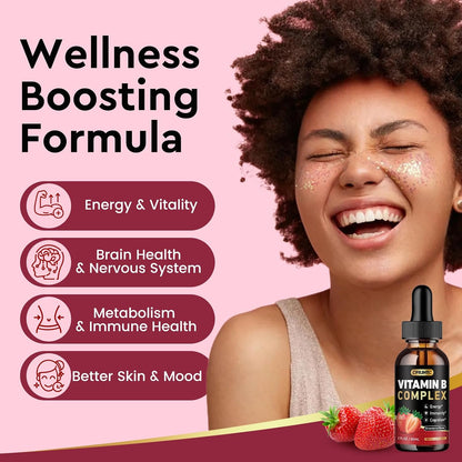CFILIHTC Vitamin B Complex Liquid Drops - B1, B2, B3, B5, B6, B7, B9, Methyl B12 5000mcg - Strawberry Flavour - Vegan