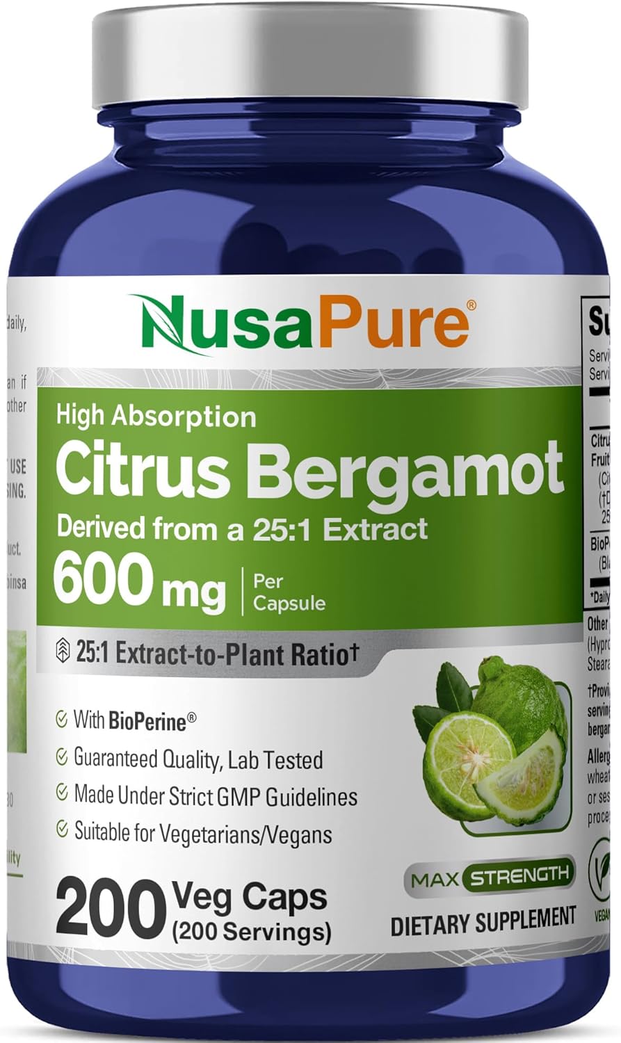 NusaPure Citrus Bergamot Capsules, 600 mg, 200 Veg Capsules (Non-GMO, Vegan) - görsel 1
