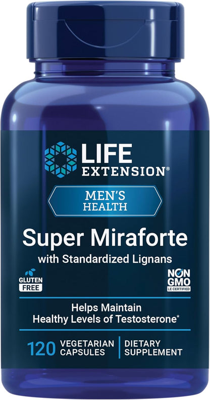 Life Extension Super Miraforte with Standardised Lignans, Chrysin, Nettle Root, Muira Puama, Maca, Zinc – Testosterone Support, 120 Capsules