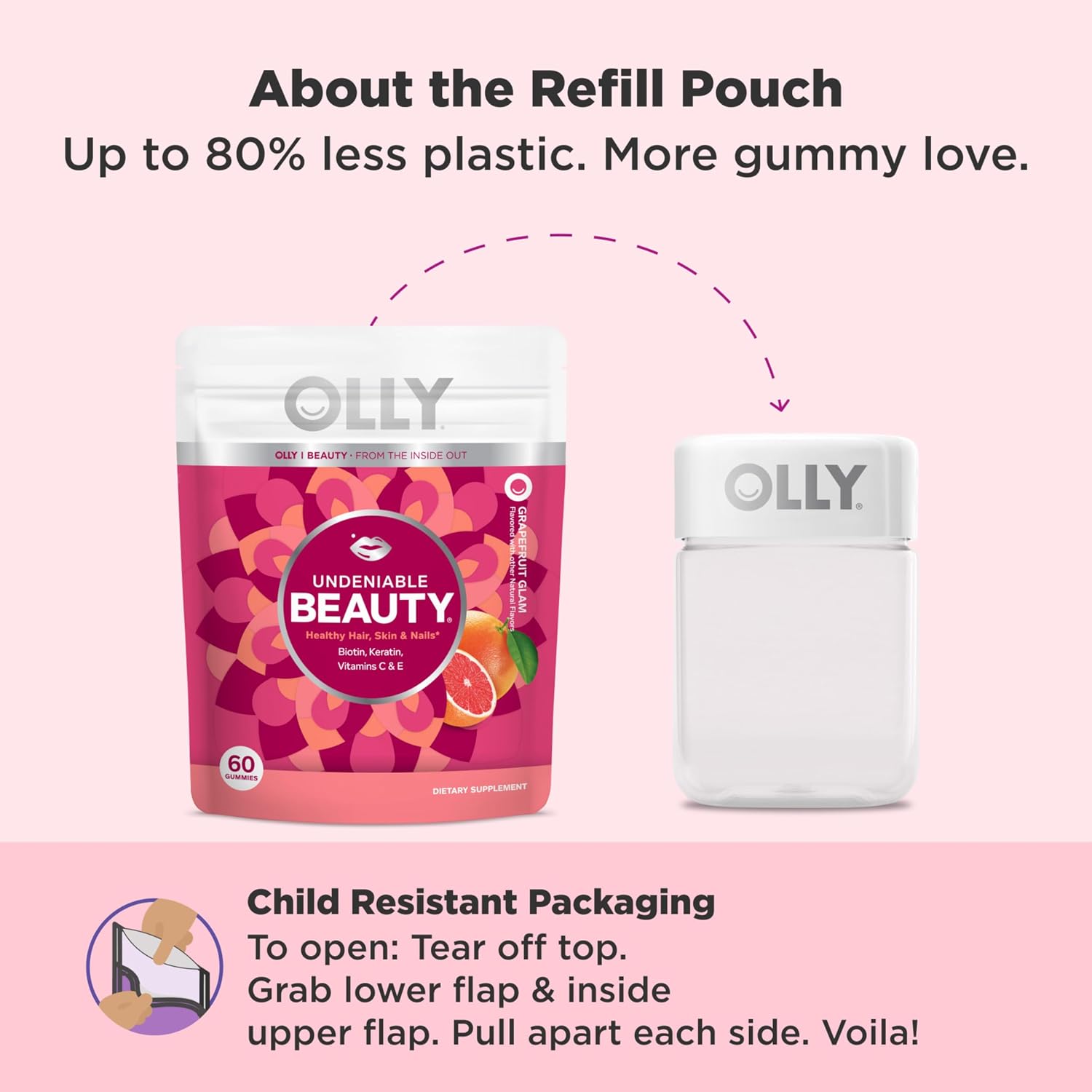 OLLY Undeniable Beauty Gummy – Biotin, Vitamin C & Keratin for Hair, Skin & Nails, Grapefruit, 60 Gummies - görsel 5