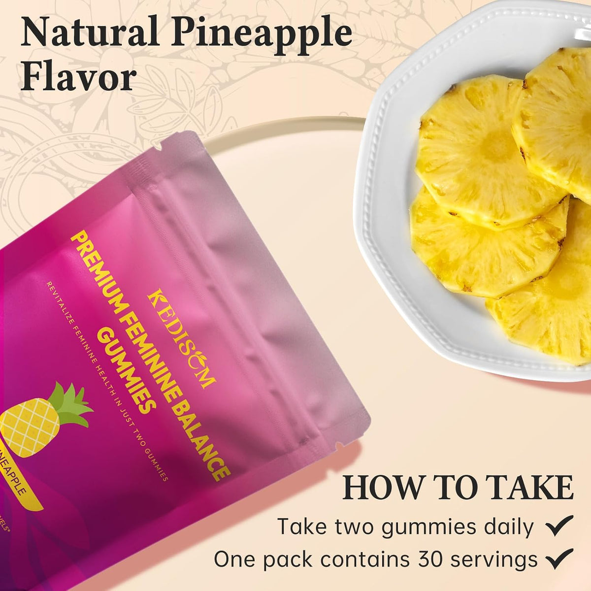 KEDISOM Premium Feminine Balance Gummies – Women's Health & Wellbeing – Hawaiian Pineapple (60 Gummies) - görsel 8
