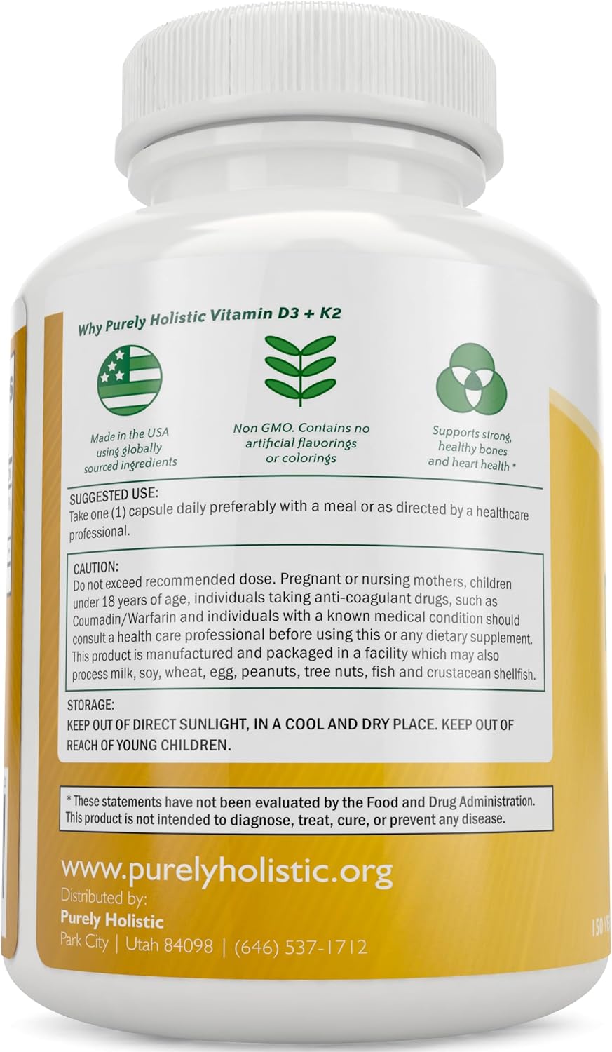 Purely Holistic Vitamin D3 K2 | 5,000 IU D3 + 90 mcg K2 (MK-7) | 150 Capsules (5-Month Supply) - görsel 3