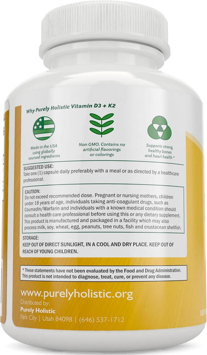 Purely Holistic Vitamin D3 K2 | 5,000 IU D3 + 90 mcg K2 (MK-7) | 150 Capsules (5-Month Supply)