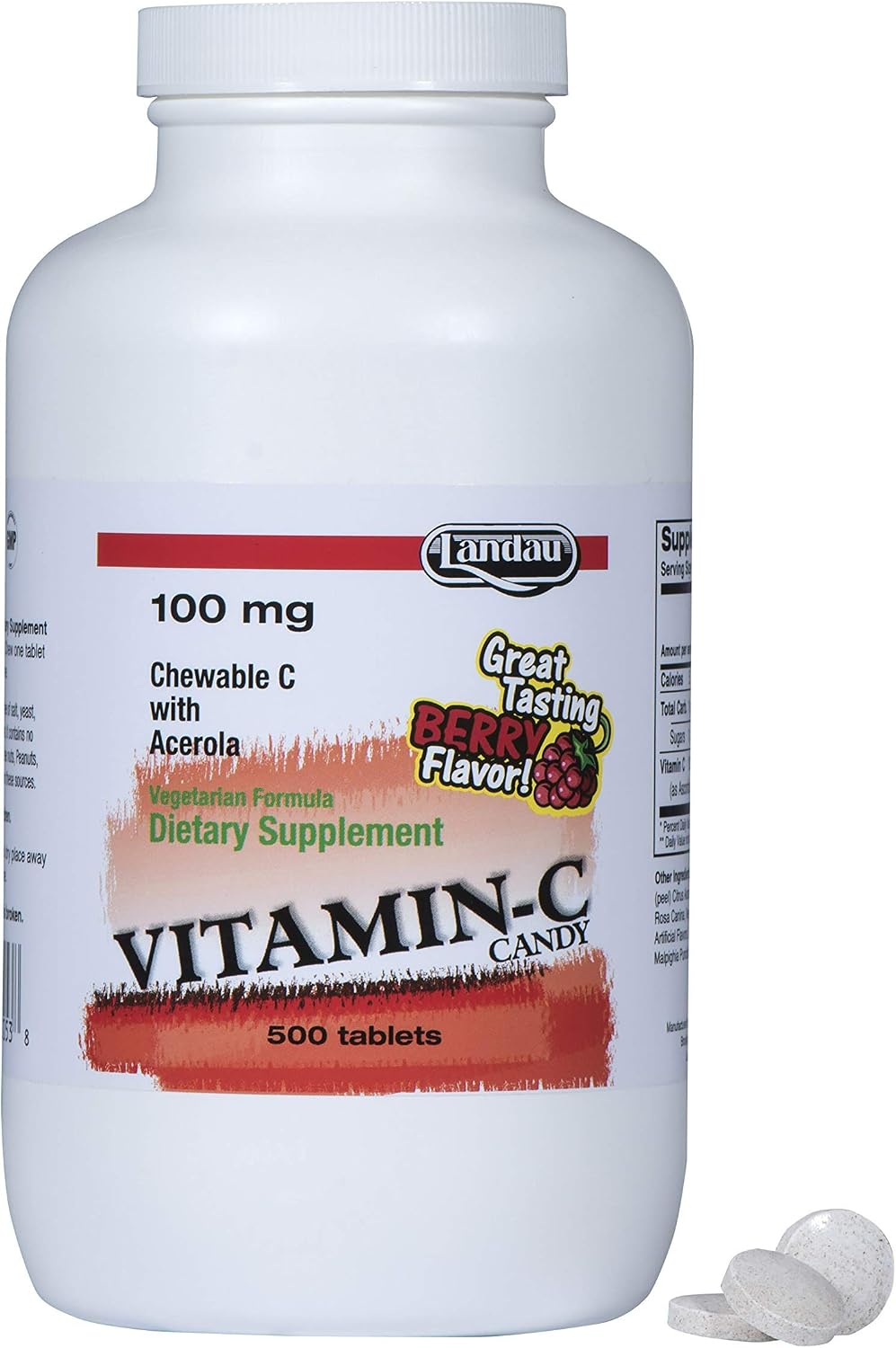 LANDAU Vitamin C Chewable 100 mg - 500 Chewable Tablets with Acerola, Berry Flavour - görsel 1