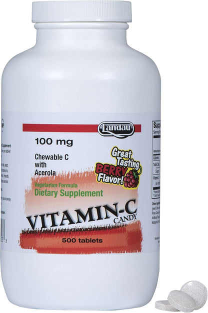 LANDAU Vitamin C Chewable 100 mg - 500 Chewable Tablets with Acerola, Berry Flavour