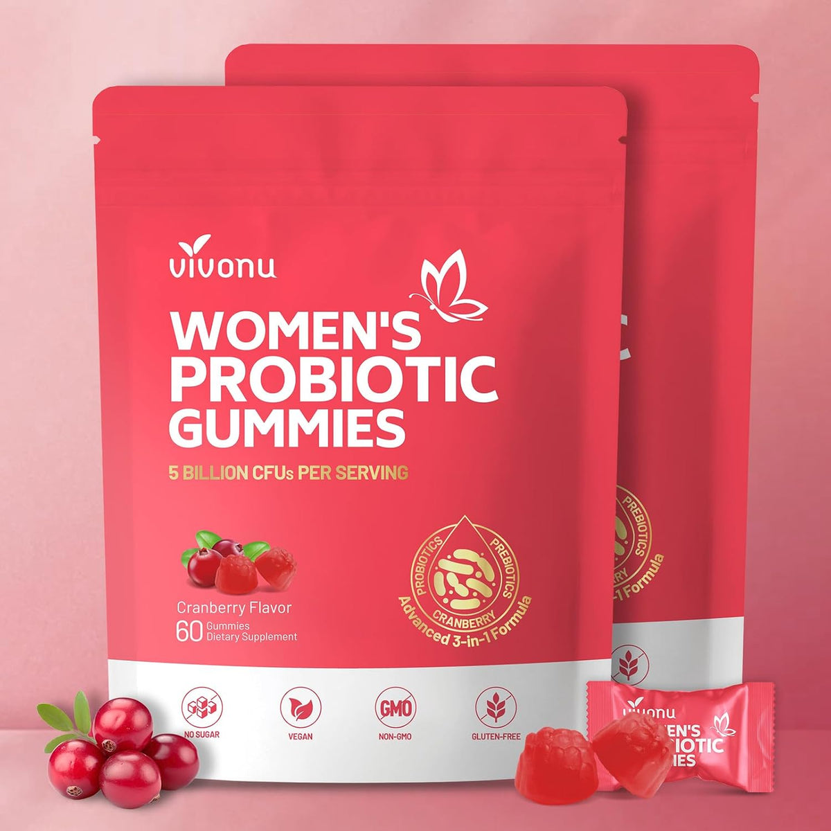 VivoNu Women's Probiotic Gummies - Feminine Balance Support with Cranberry, 60 Count - görsel 1