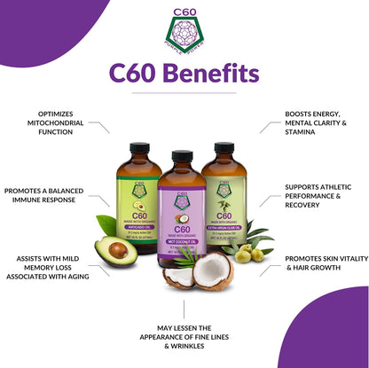 C60 Power - 99.99% Pure Carbon Fullerenes in Organic Avocado Oil, 60 ml