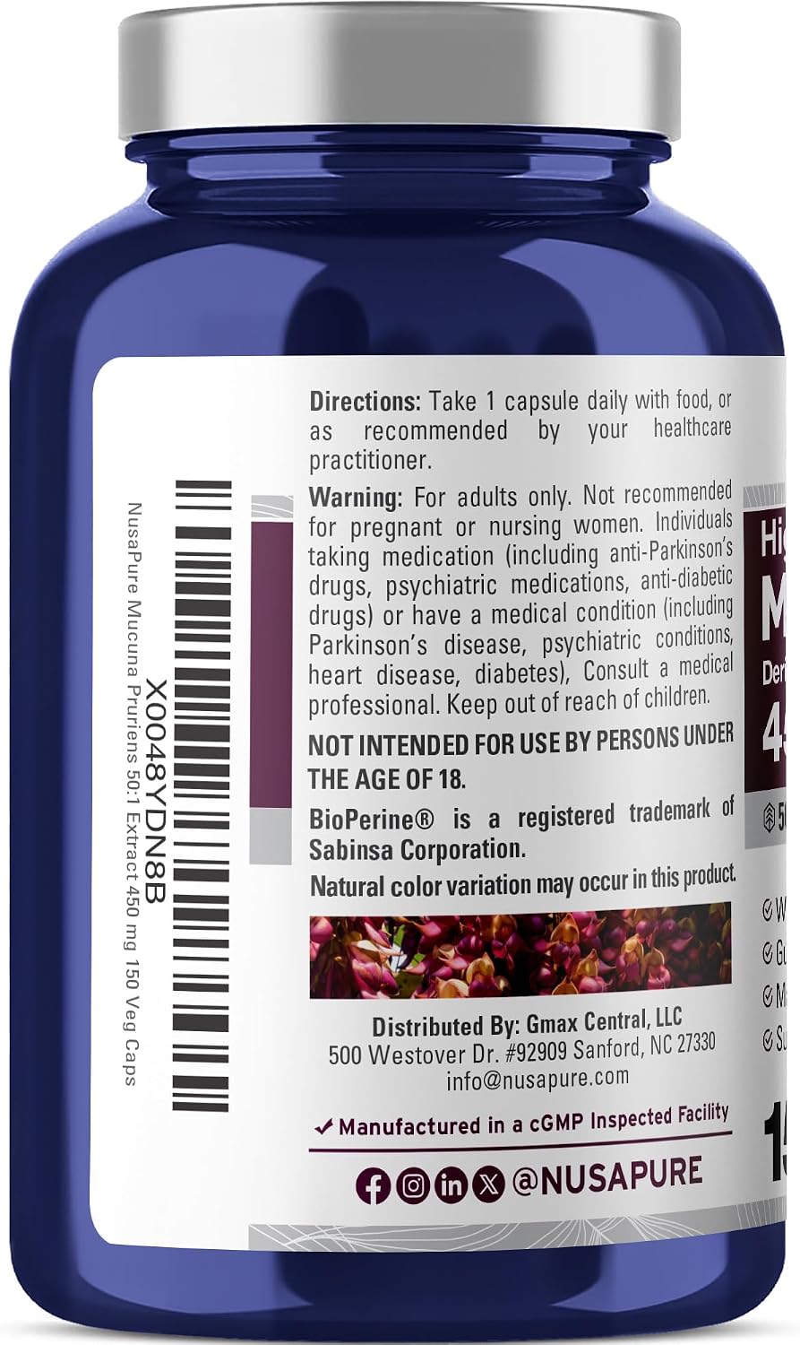 NusaPure Mucuna Pruriens Capsules, 450 mg, 150 Vegan Capsules (Gluten-free, Non-GMO) - görsel 3