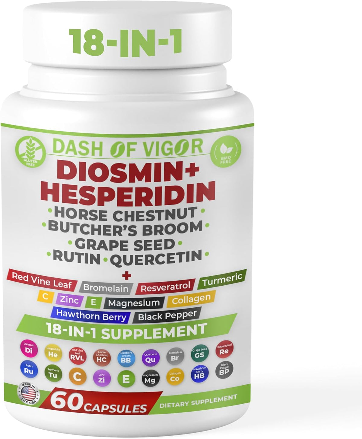 Dash of Vigour 18-in-1 Diosmin Hesperidin Supplement | Quercetin, Bromelain, Zinc, Vitamin C with Rutin | 60 Capsules - görsel 1