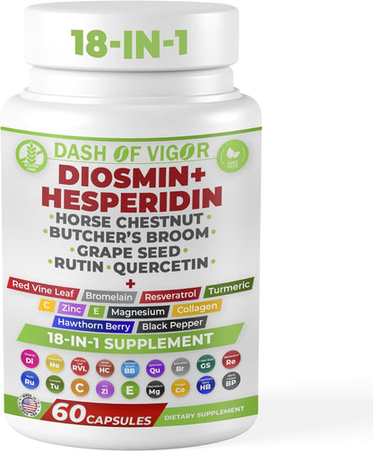 Dash of Vigour 18-in-1 Diosmin Hesperidin Supplement | Quercetin, Bromelain, Zinc, Vitamin C with Rutin | 60 Capsules