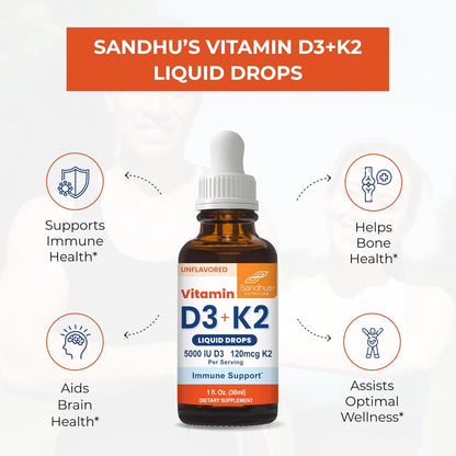 Sandhu's Vitamin D3 K2 Drops - 5000 IU D3 + 120 mcg K2 - Liquid Supplement, 1 fl oz (Pack of 2)
