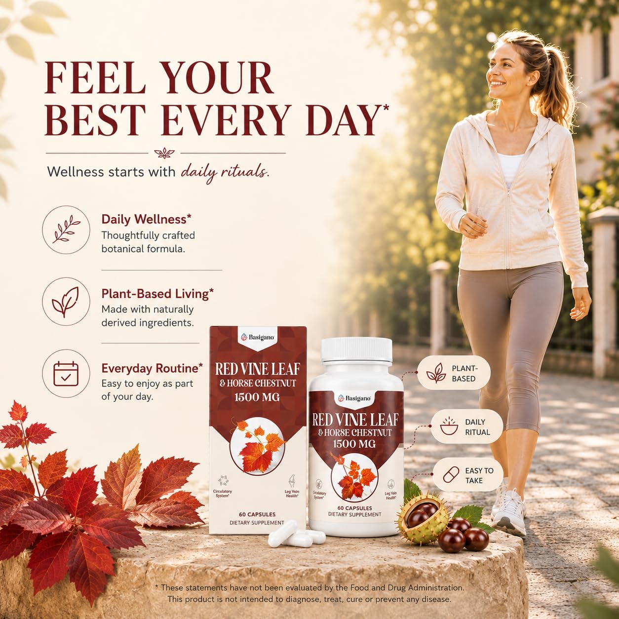 Basigano Red Vine Leaf & Horse Chestnut Extract Capsules 1500mg - Circulation, Vein, and Leg Support - görsel 4