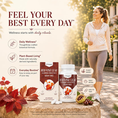 Basigano Red Vine Leaf & Horse Chestnut Extract Capsules 1500mg - Circulation, Vein, and Leg Support