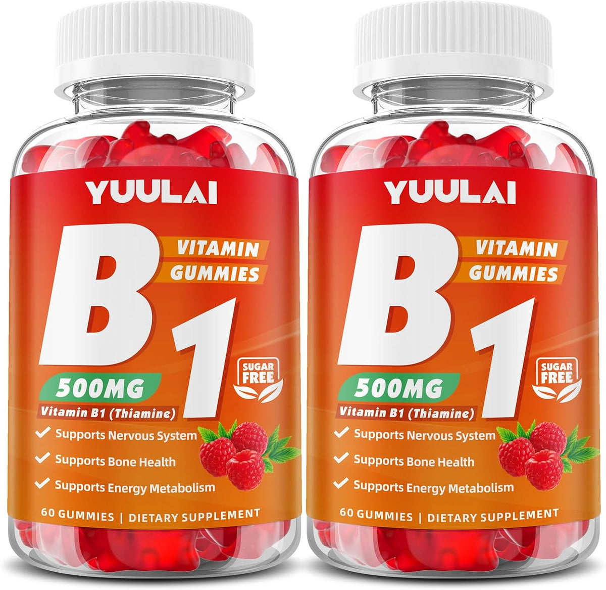Pack of 2 Vitamin B1 Gummies 500mg for Adults and Kids, Thiamine B1 Supplement with Magnesium, Vitamin B1 Supplement for Nervous System Support and Energy Boost, Raspberry Flavour, 120 Gummies - görsel 1