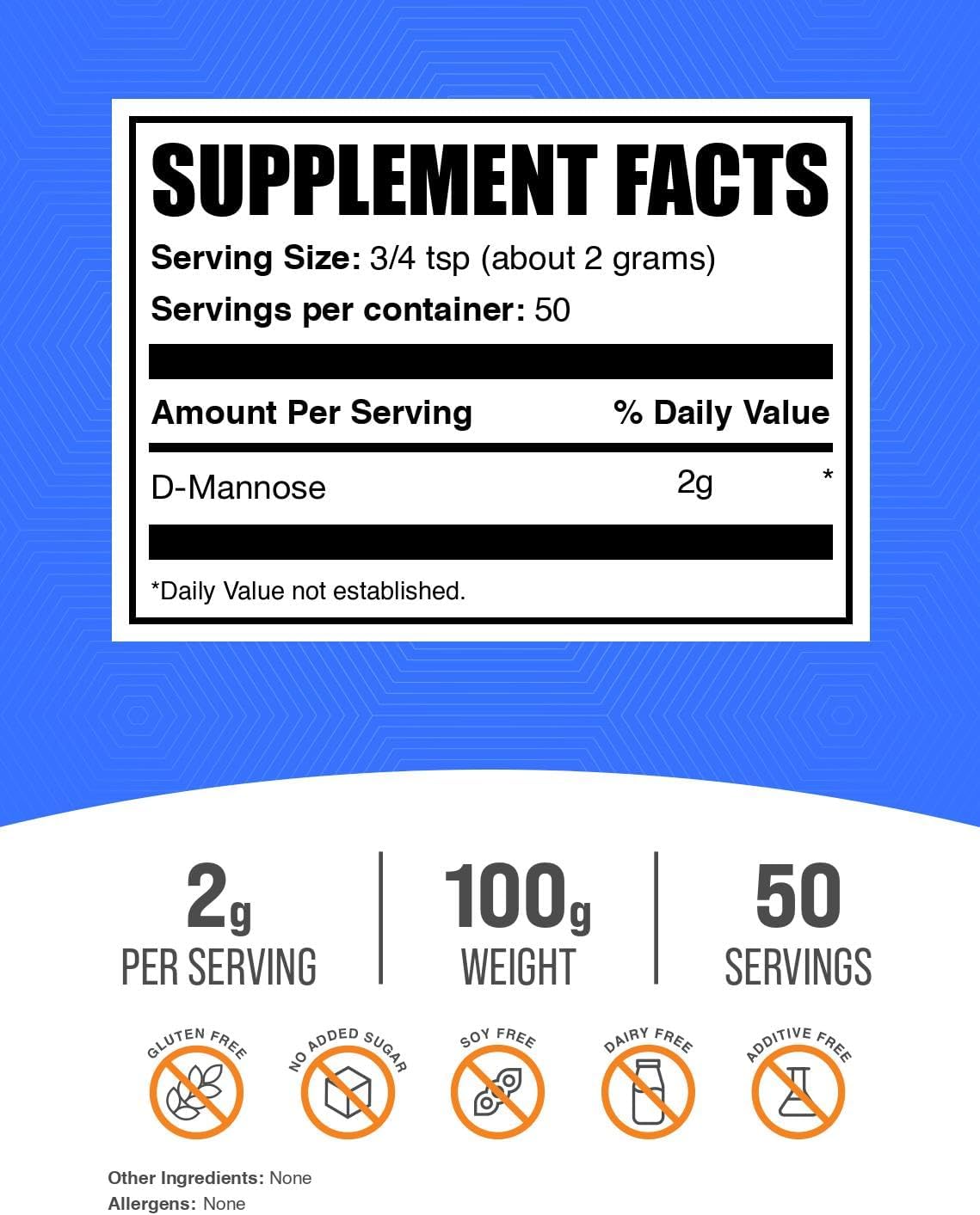BulkSupplements D-Mannose Powder (100g) - Unflavoured, Gluten-Free Supplement for Urinary Tract Support - görsel 2