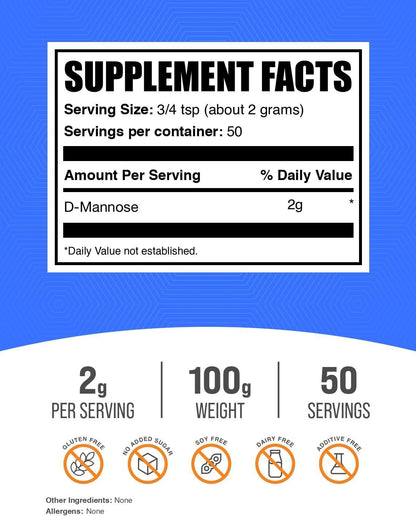 BulkSupplements D-Mannose Powder (100g) - Unflavoured, Gluten-Free Supplement for Urinary Tract Support