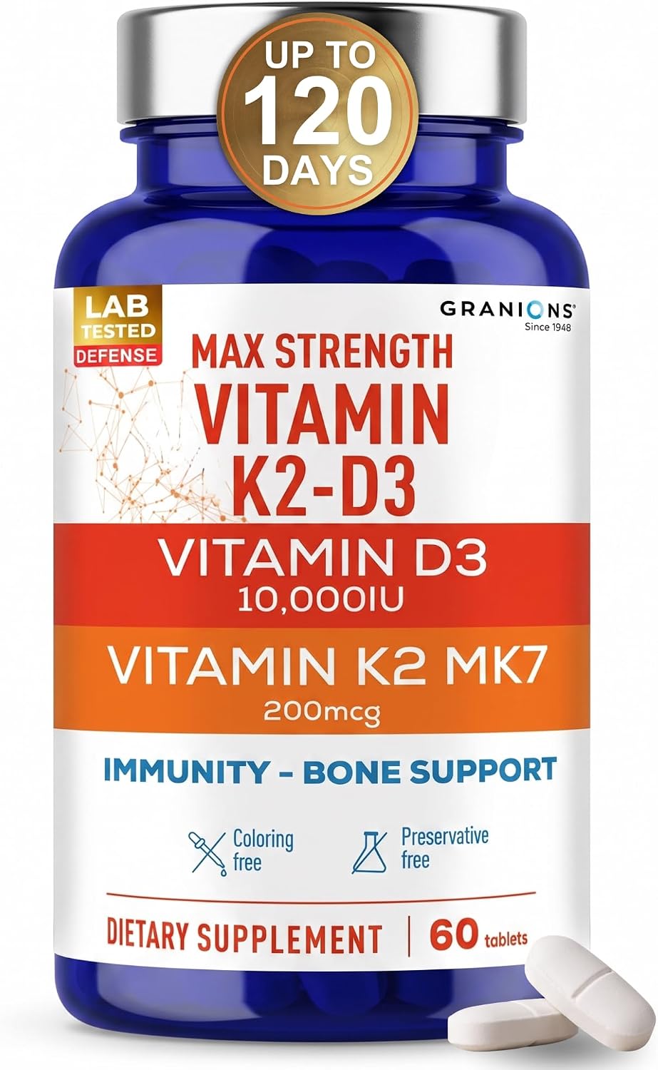 Granions Max Strength Vitamin D3 K2 Supplement - 10,000 IU D3 + 200mcg MK-7 Vitamin K2, 60 Tablets - görsel 1