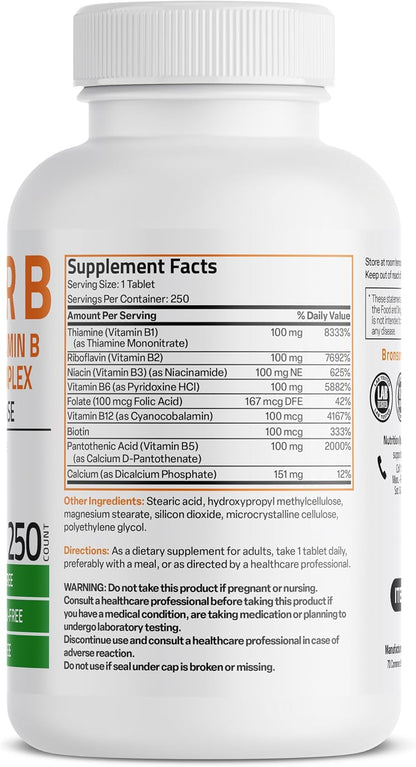 Bronson Super B 100 Vitamin B Complex Sustained Release - 250 Tablets