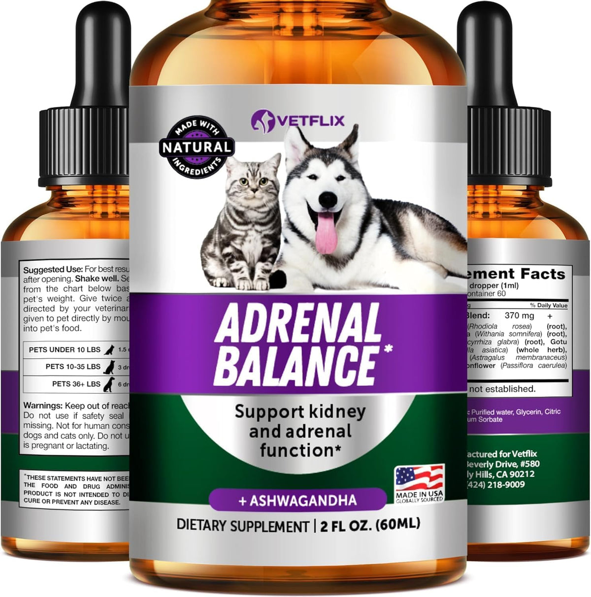 Adrenal Support Liquid Supplement for Dogs, Cats, Puppies and Kittens, 60 ml - görsel 1