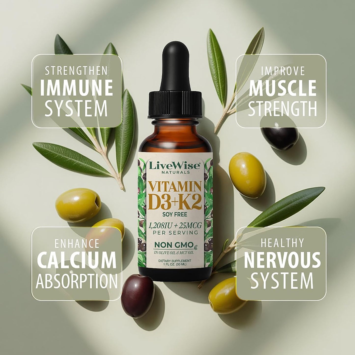Live Wise Naturals Vitamin D3 & K2 Drops, 1208 IU D3 with 25 mcg K2 (MK-7), 930 Drops - görsel 5