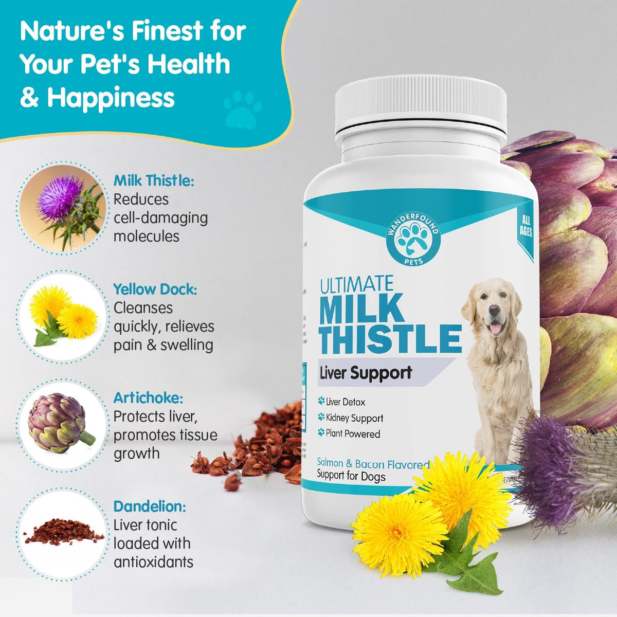Wanderfound Pets Milk Thistle for Dogs – Tasty Salmon & Bacon Flavoured Herbal Supplement for Liver & Kidney Function – Manufactured in the USA – 100 Chewable Tablets - görsel 7