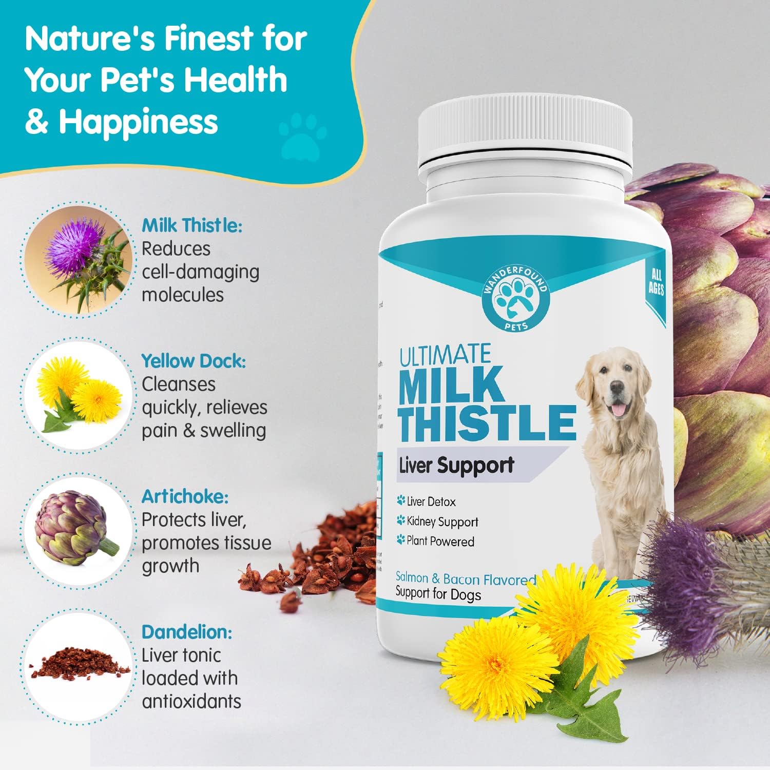 Wanderfound Pets Milk Thistle for Dogs – Tasty Salmon & Bacon Flavoured Herbal Supplement for Liver & Kidney Function – Manufactured in the USA – 100 Chewable Tablets - görsel 7