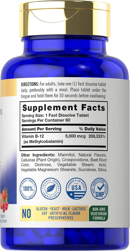 Carlyle Methylcobalamin Vitamin B12 5000mcg - 60 Fast Dissolving Tablets - Vegetarian, Non-GM & Gluten-free