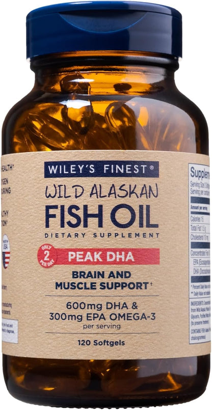 Wiley's Finest Wild Alaskan Fish Oil Peak DHA – 900mg EPA and DHA Omega-3s – 180 Softgels (90 Servings)