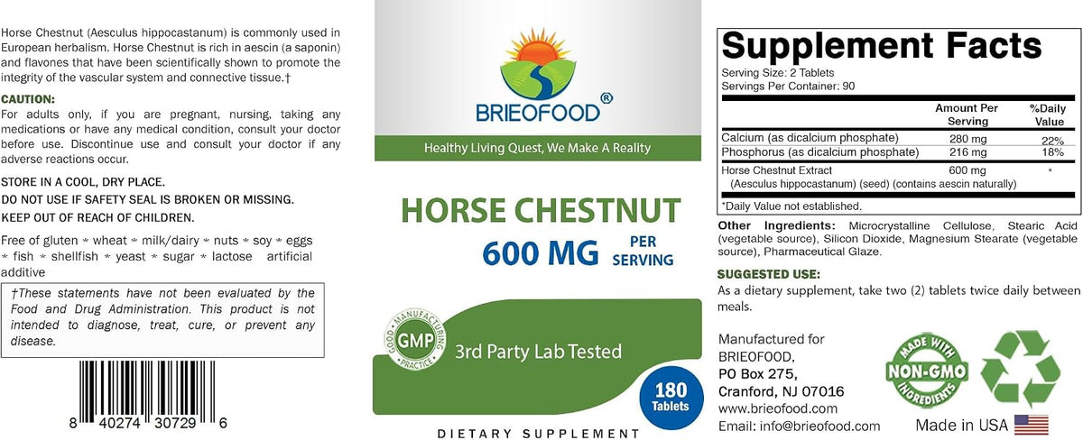 Brieofood Horse Chestnut Extract 600 mg per Serving - 180 Tablets - görsel 4