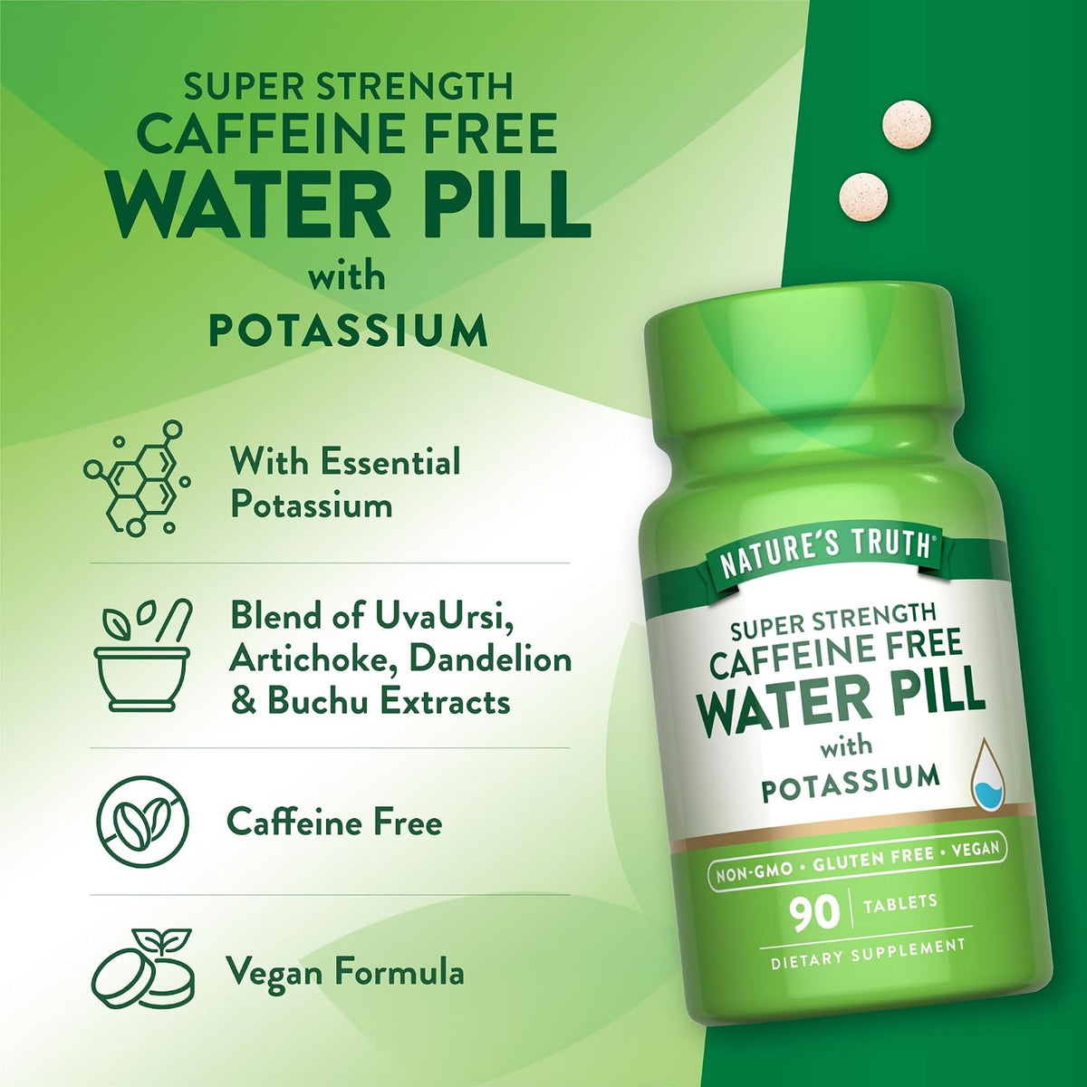 Nature's Truth Super Strength Water Pill with Potassium – 90 Tablets | Caffeine Free | Vegan, Non-GMO & Gluten-free - görsel 5