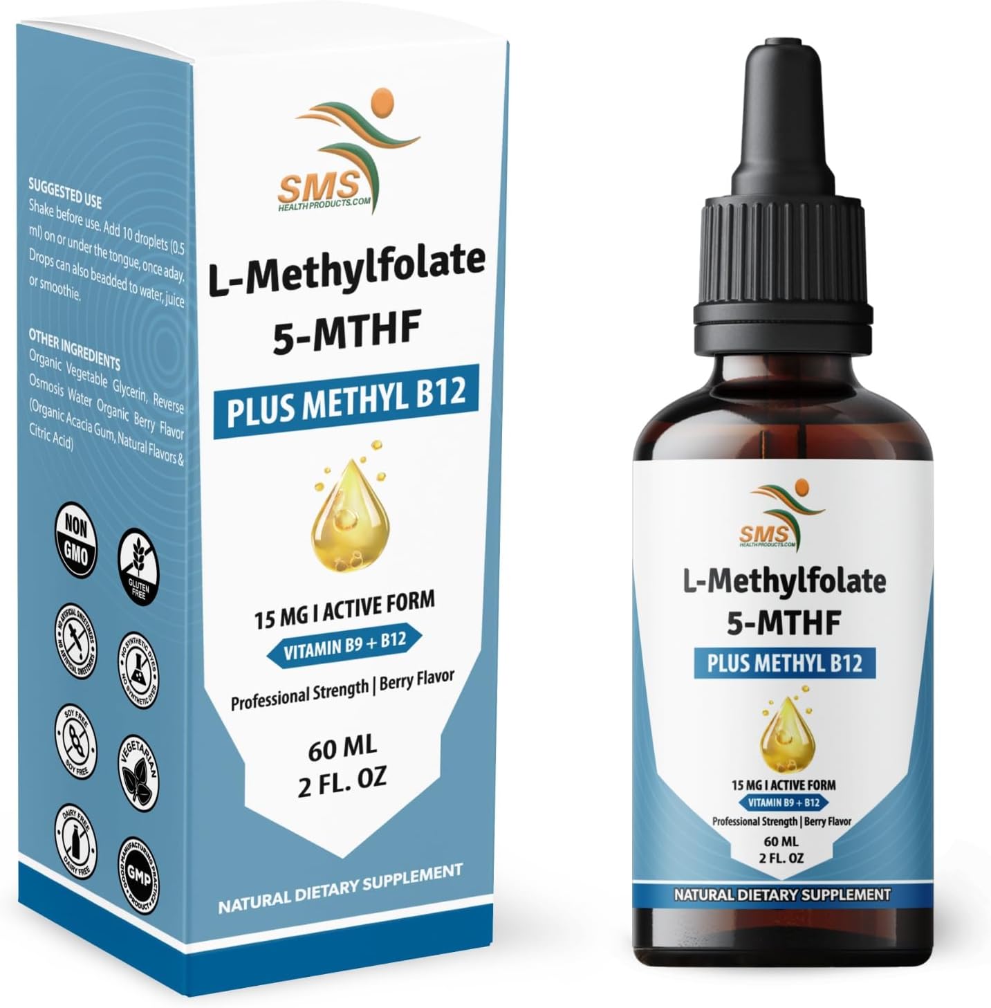 L-Methylfolate 15mg + Methyl B12 Liquid Drops, No Fillers, High Potency Sublingual Formula, Active 5-MTHF & Bioactive B12 for Normal Cognitive Function & Methylation Support, Berry Flavour (60ml) - görsel 1