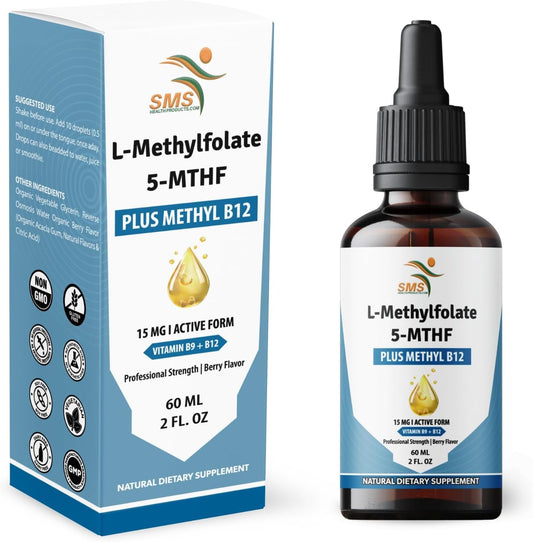 L-Methylfolate 15mg + Methyl B12 Liquid Drops, No Fillers, High Potency Sublingual Formula, Active 5-MTHF & Bioactive B12 for Normal Cognitive Function & Methylation Support, Berry Flavour (60ml)