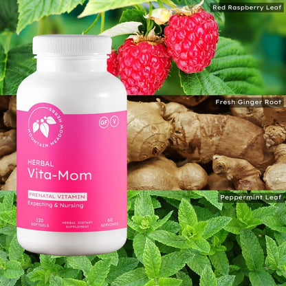 Mountain Meadow Herbal Vita-MOM Prenatal Vitamins – Herbal Food Supplement with 5-MTHF Folate, Iron & Organic Herbs – 120 Softgels (2-Month Supply)