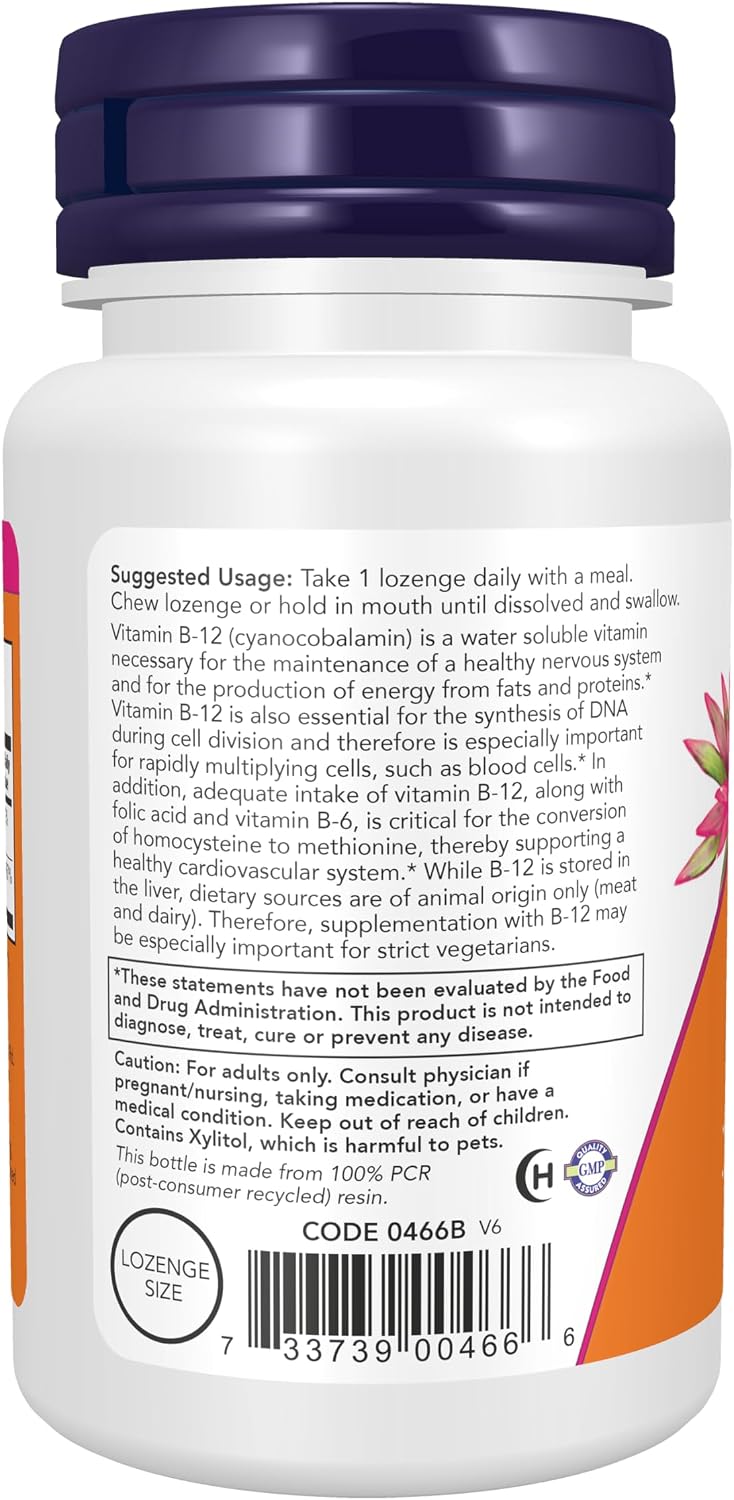 NOW Supplements, Vitamin B-12 1,000 mcg with Folic Acid, 100 Chewable Lozenges - görsel 3