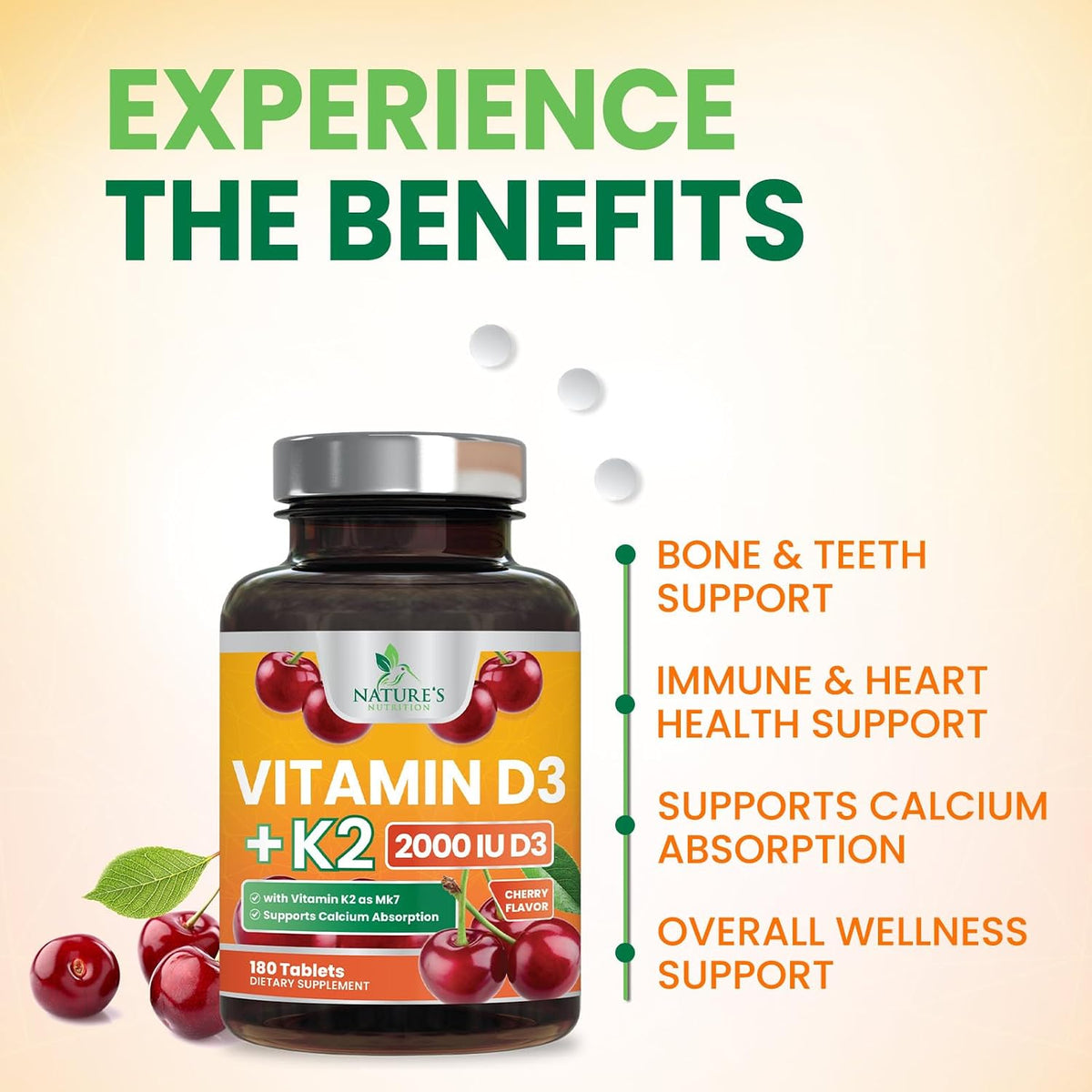 Nature's Nutrition Vitamin D3 K2 Supplement - 2000 IU D3 + 75 mcg MK-7 - Chewable, Berry Flavour - 180 Tablets - görsel 5