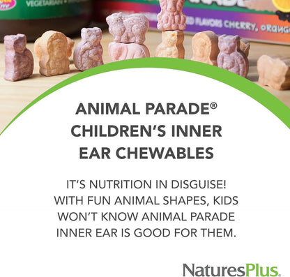 NaturesPlus Animal Parade Inner Ear Support Children’s Chewable - Natural Cherry Flavour - 90 Animal-Shaped Tablets - Probiotic Supplement - Gluten Free - 45 Servings