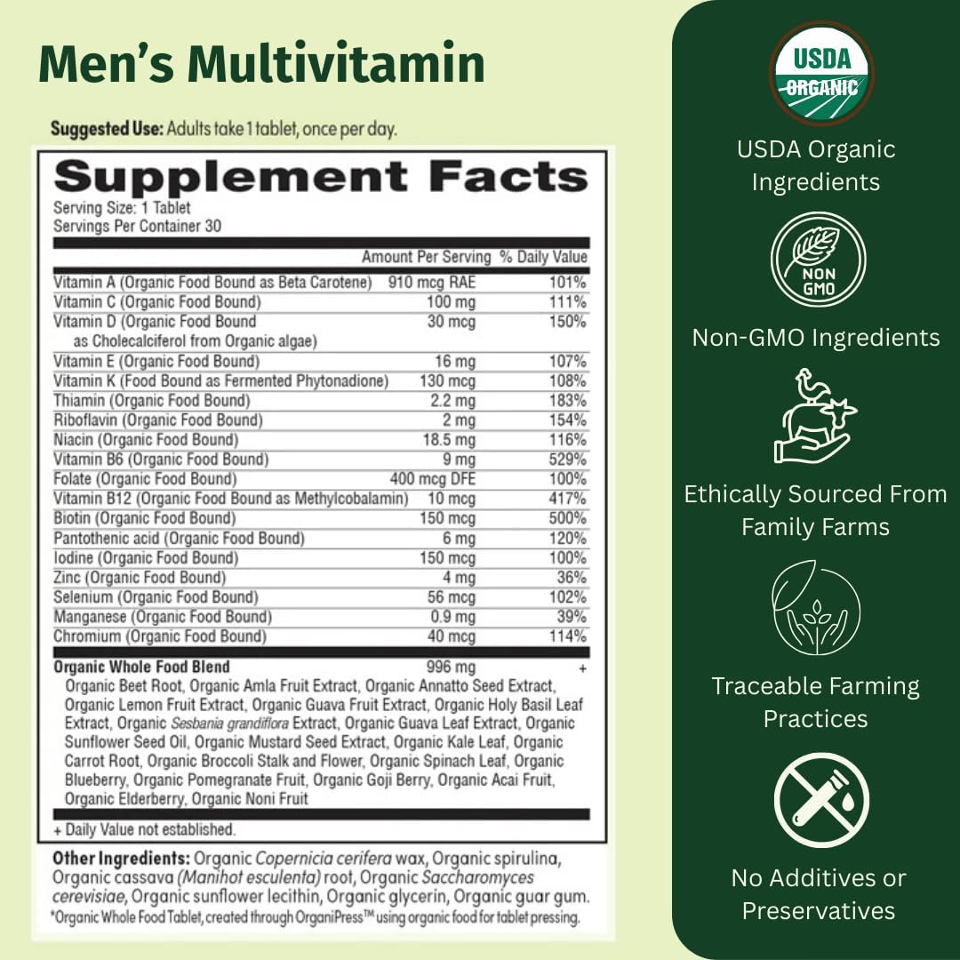EarthFirst Organic Men's Multi Once Daily – Whole-Food Multivitamin with 19 Vitamins & Minerals, Vegan, 60 Capsules - görsel 2