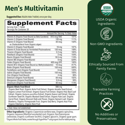 EarthFirst Organic Men's Multi Once Daily – Whole-Food Multivitamin with 19 Vitamins & Minerals, Vegan, 60 Capsules