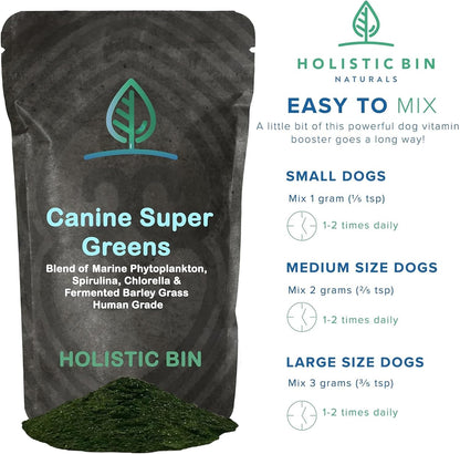 Holistic Bin Canine Super Greens Plant-Based Dog Food Topper | Nutrient-Rich Supplement Powder | Gut Balance, Joint Strength, Digestion, Fresh Breath & Overall Canine Wellness | Greens Powder (50g)